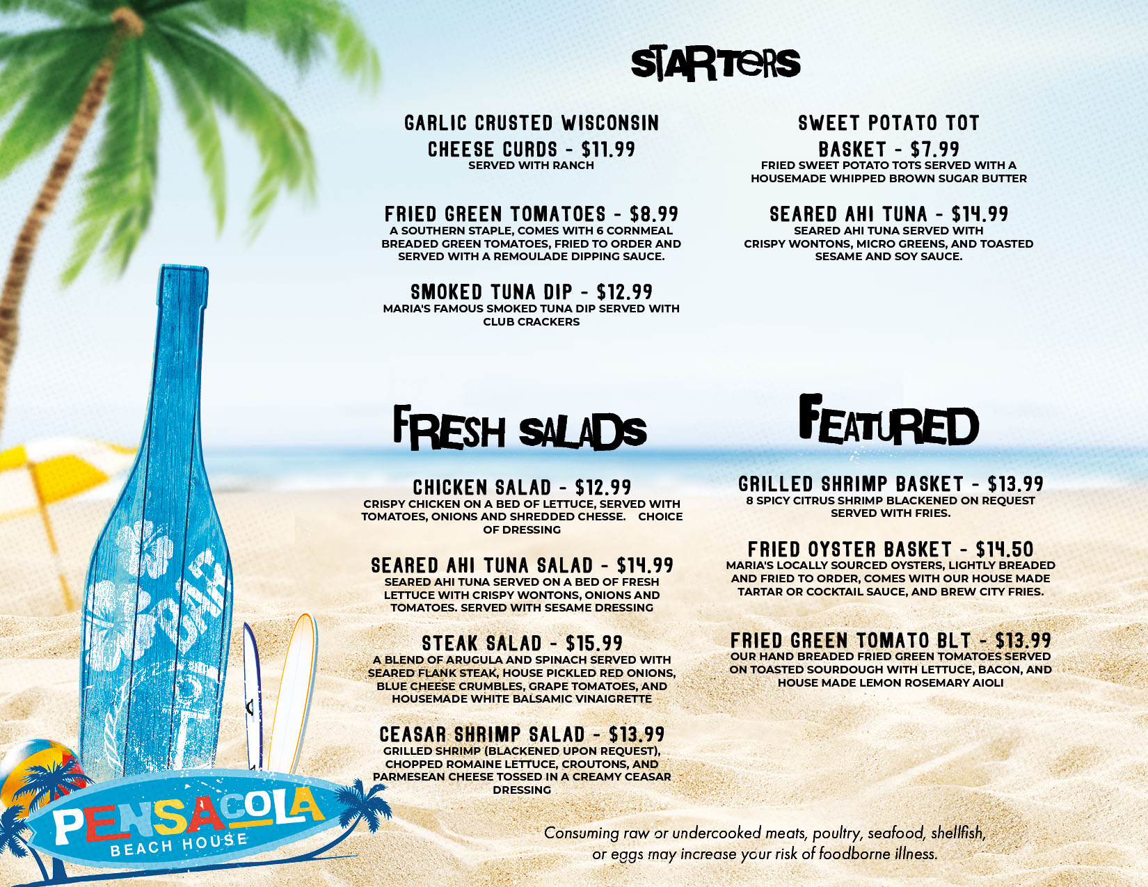 The beach deals house menu